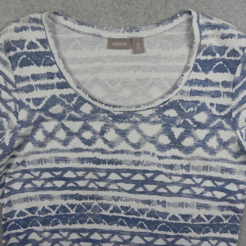 Chico's Shirt Top Womens 3 Casual Scoop Neck Tee Blue Patterned Short Sleeve - Picture 2 of 8